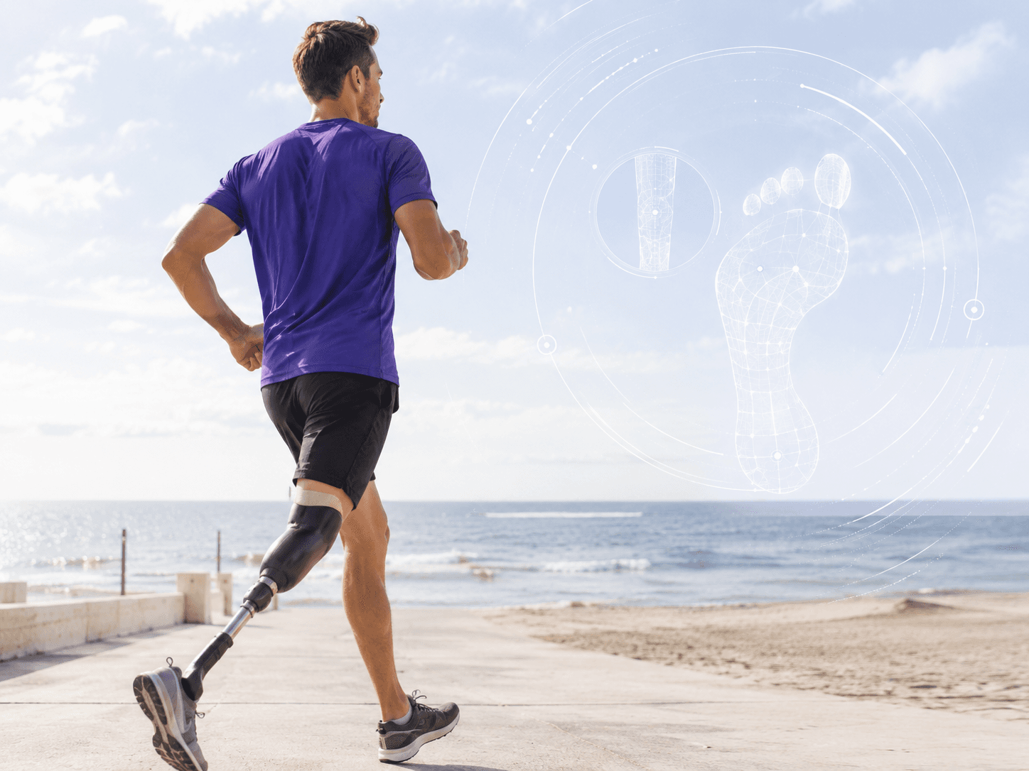 Bio-Fit patient running with prosthetic support by the sea